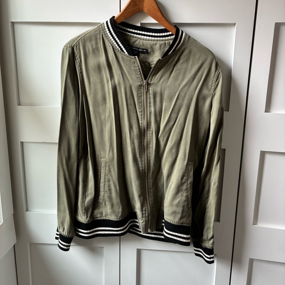 Olive Green Bomber Jacket with Striped Trim